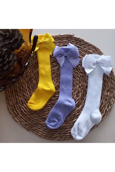 MARS BABY Baby Girl Yellow Lilac White 3-Piece Bow Knee Socks