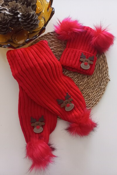 MARS BABY Girls Boys Unisex Baby Kids Red Deer Figured Pompom Scarf Beanie Set