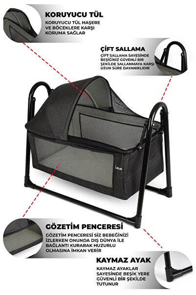 LOOVE BEBE Smoll Metal Sallanır Beşik Siyah Keten Kumaşlı