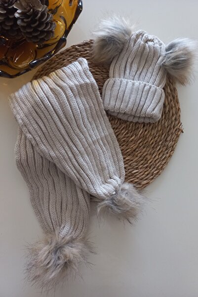 MARS BABY Fete Băieți Unisex Bebeluși Copii Bej Pompon Eșarfă Set Beanie