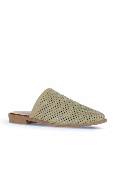 Bueno Shoes Γυναικείες φλατ παντόφλες από δέρμα χακί - 01wa9200