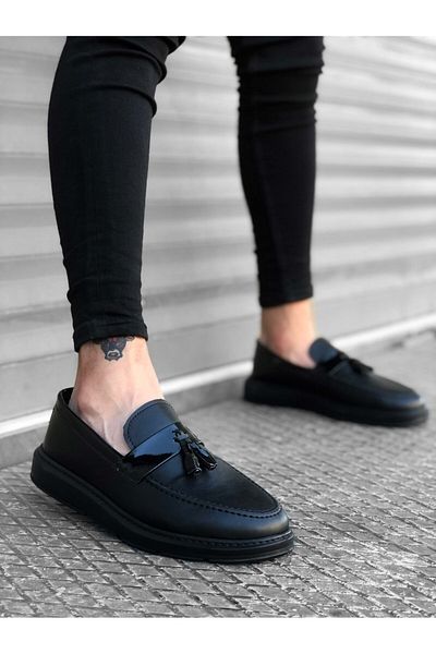 BOA Ba0005 Laceless High Sole Classic Black Shiny Belted Tassel Men's Shoes
