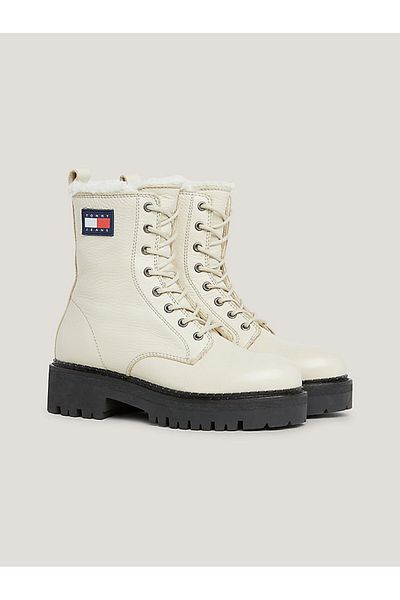 Tommy Jeans Kožené boty na zip s krajkovým logem a vlněnou podšívkou