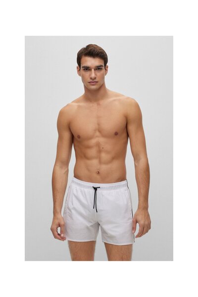 BOSS İmza Renkleri İle Çizgili Ve Logolu, Geri Dönüştürülmüş Malzemeden Deniz Şortu