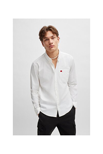 HUGO Dokuma Logo Etiketli Oxford Pamuklu Dar Kesim Gömlek