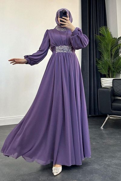 MERVEN AKYÜZ Lilac Mishe Chiffon Evening Dress