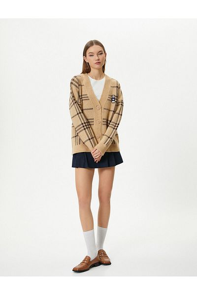 Koton Plaid Knitwear Cardigan Comfortable Fit Teddy Bear Applique Detailed