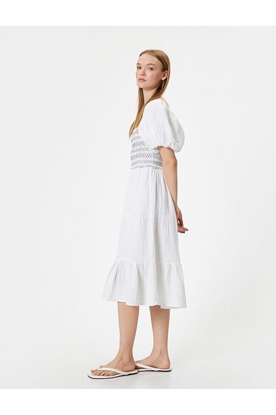 Koton Μίντι Φόρεμα Poplin - Μπαλόνι μανίκι και Κεντημένος Τετράγωνος Γιακάς