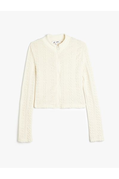 Koton Hair Knitted Textured Zippered Slim Fit Cardigan - Stand Collar