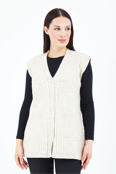 Elçelya Moda Women's Cream V-Neck Buttoned Pocket Knitted Wool Mother Knitwear Vest