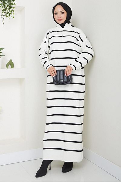 hafsamina White Striped Zippered Knitwear Dress - Hm2528
