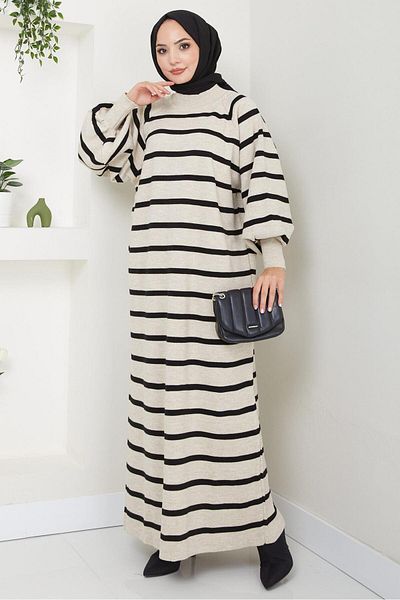 hafsamina Stone Color Striped Balloon Sleeve Knitwear Dress - Hm2524