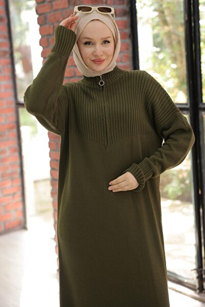 hafsamina Fermuarlı Uzun Triko Tunik Haki HM2529