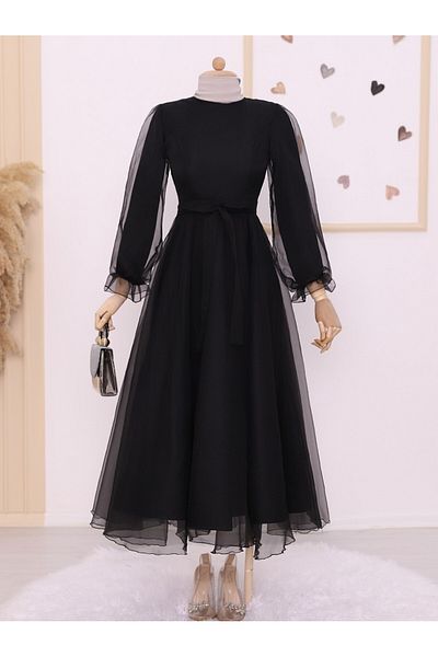 Modamorfo Puffärmel und Rock, Schärpe, Tüll-Abendkleid – Schwarz