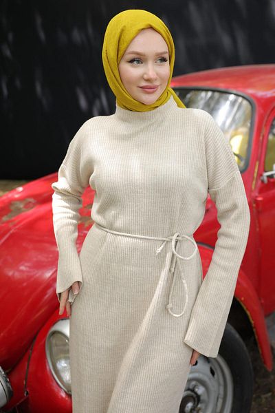 hafsamina Stone Spanish Sleeve Tied Knitwear Dress - Hm2530