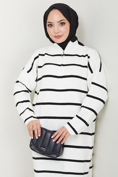 hafsamina White Striped Zippered Knitwear Dress - Hm2528
