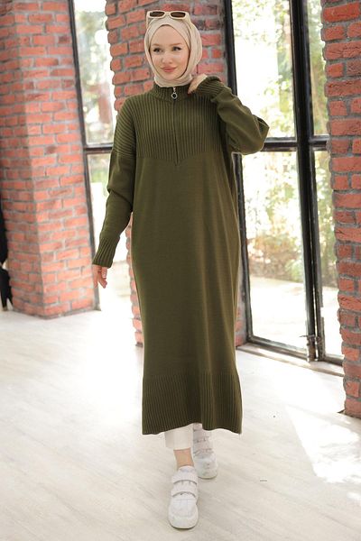 hafsamina Плетена туника в цвят каки - дълга, с цип, HM2529