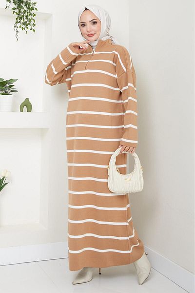 hafsamina Camel Striped Zippered Knitwear Dress - Hm2528