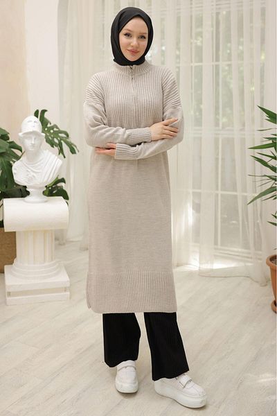 hafsamina Stone Color Zippered Long Knitwear Tunic - Hm2529
