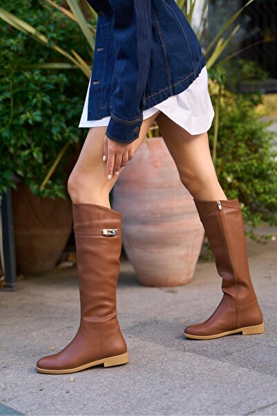 Madamra Taba Kadın Kemerli Uzun Deri Çizme