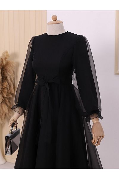 Modamorfo Puffärmel und Rock, Schärpe, Tüll-Abendkleid – Schwarz