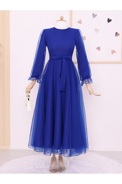 Modamorfo Saks Blue - Βραδινό φόρεμα από τούλι με φύλλα και φουσκωτά