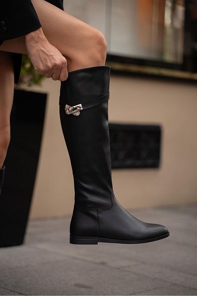 Madamra Schwarze lange Lederstiefel für Damen mit Gürtel