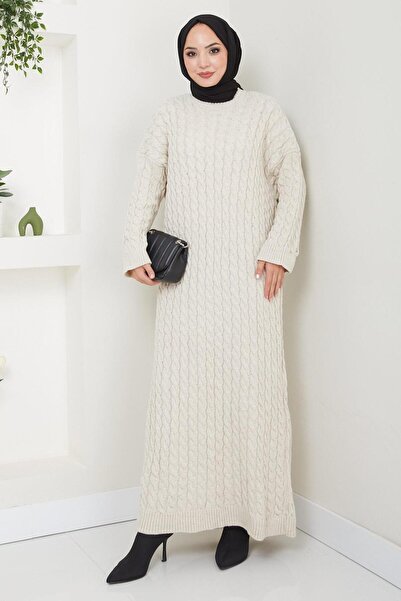 hafsamina Πλεκτό Μοτίβο Πλεκτό Φόρεμα Πέτρα Χρώμα HM2526