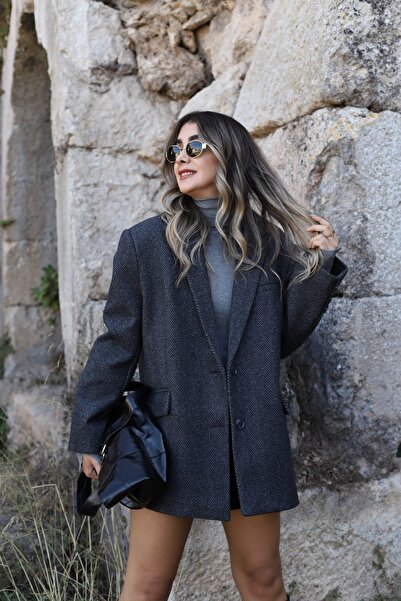 bytugcekaya Black Oversize Jacket with Herringbone Pattern - Standard Size