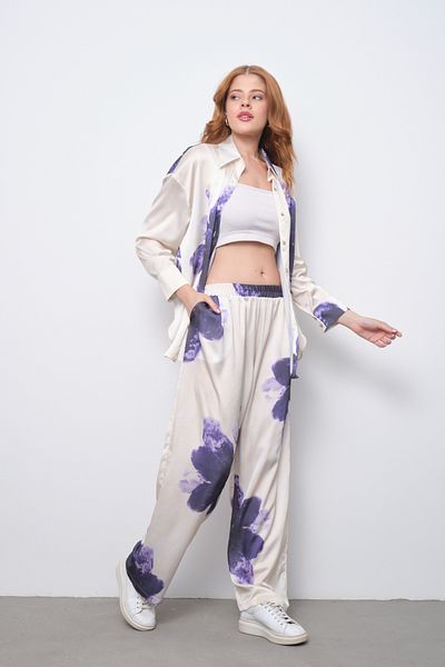 PERA MODA Patterned Satin Set - Oversize Cut and Elastic Waist Shirt