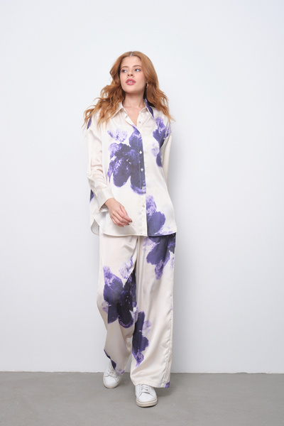 PERA MODA Oversize Kesim Gömlek Beli Lastikli Desenli Saten Takım