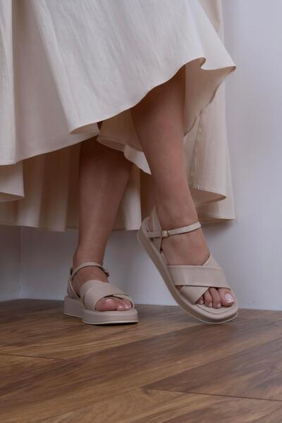 sovrana Beige Sandals - Cross Strap Detail