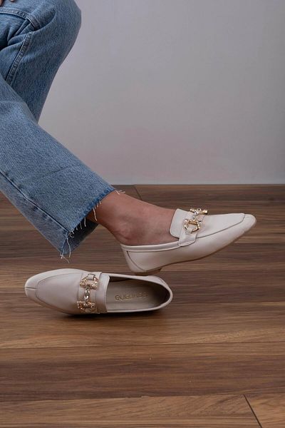 sovrana Beige Moccasin - Real Leather Inside and Outside, Stone Buckle Detailed