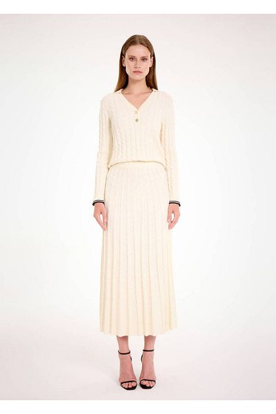 Knitss Fusta de tricotaj crem de lungime midi din împletitură de păr