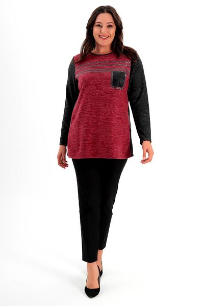 Trend42plus Plus Size Stone Printed Burgundy Blouse with Leather Pockets