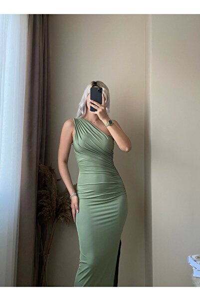 Zora Butik Omuz Detay Drapeli Elbise-Yeşil