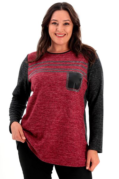 Trend42plus Plus Size Stone Printed Burgundy Blouse with Leather Pockets