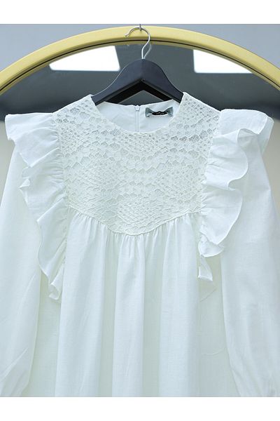 HİJABAYA Poplin Tunic - Robe with Shoulder Ruffle and Lace Embroidery