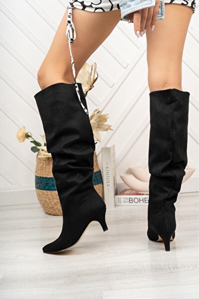 Aymood Syt-2001 Black Suede Bellows Heeled Daily Boots