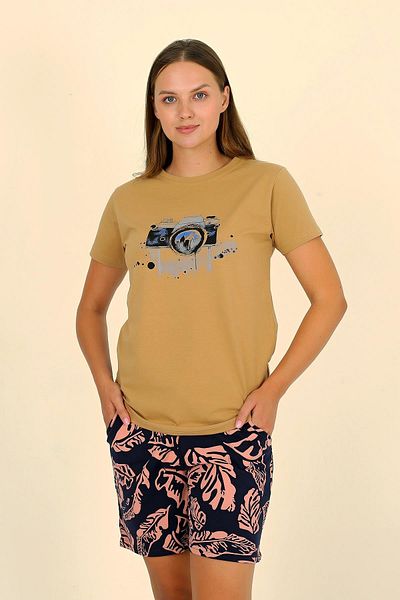 Akbeniz Mustard Women's Pajama Set - Short Sleeve, Shorts, Combed Cotton 3622