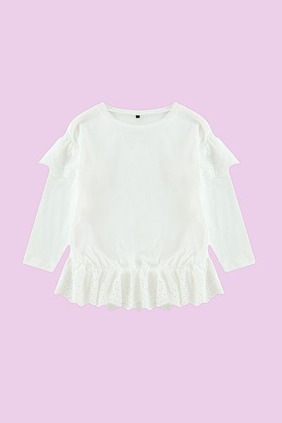 TRENDYOLKIDS Екрю жіноча 100 бавовняна вишивка з оборкою з довгим рукавом Orme футболка-блузка TKDAW25TS00014
