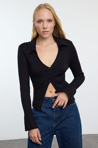 Trendyol Collection Premium Black Polo Collar Knitwear Cardigan - TWOAW25HI00340