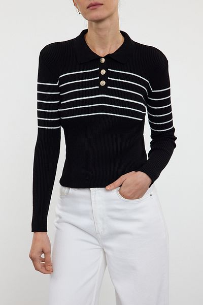 Edit by Trendyol Slim Fit черен плетен пуловер на райе - Tedaw25Kz00016