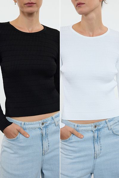 Edit by Trendyol Fekete-Ecru Slim Fit kötöttáru pulóver - dupla csomag Tedaw25Kz00015