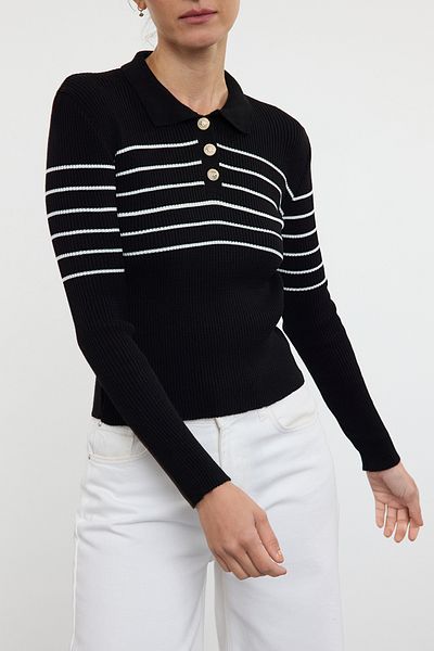 Edit by Trendyol Slim Fit черен плетен пуловер на райе - Tedaw25Kz00016