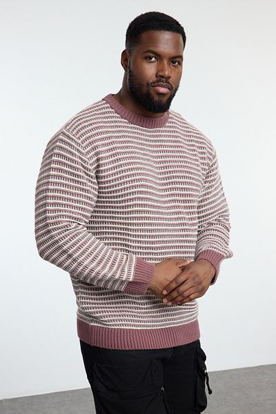 Trendyol Collection Ανδρικό Ethnic Πλεκτό Πουλόβερ Dried Rose Plus Size - Crew Neck Tmnaw25an00005