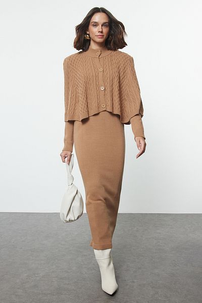Trendyol Modest Camel Knitwear Bottom-Top Set - Hair Braided and Cape Detail TCTAW25US00045