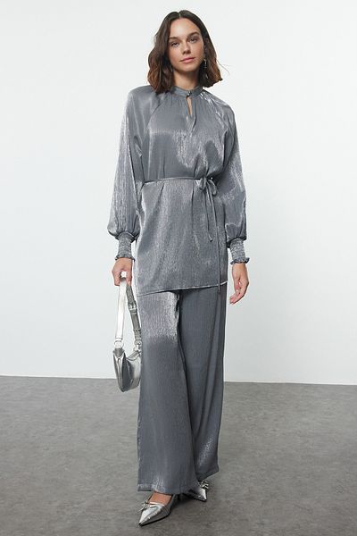 Trendyol Modest Satin Woven Anthracite Belted Top and Bottom Set - Tctss24Us00080