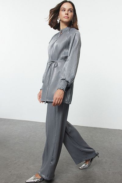 Trendyol Modest Satin Woven Anthracite Belted Top and Bottom Set - Tctss24Us00080