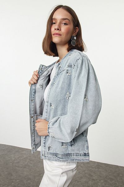 Trendyol Collection Blue Floral Embroidered Denim Jacket Twoaw25Ce00063